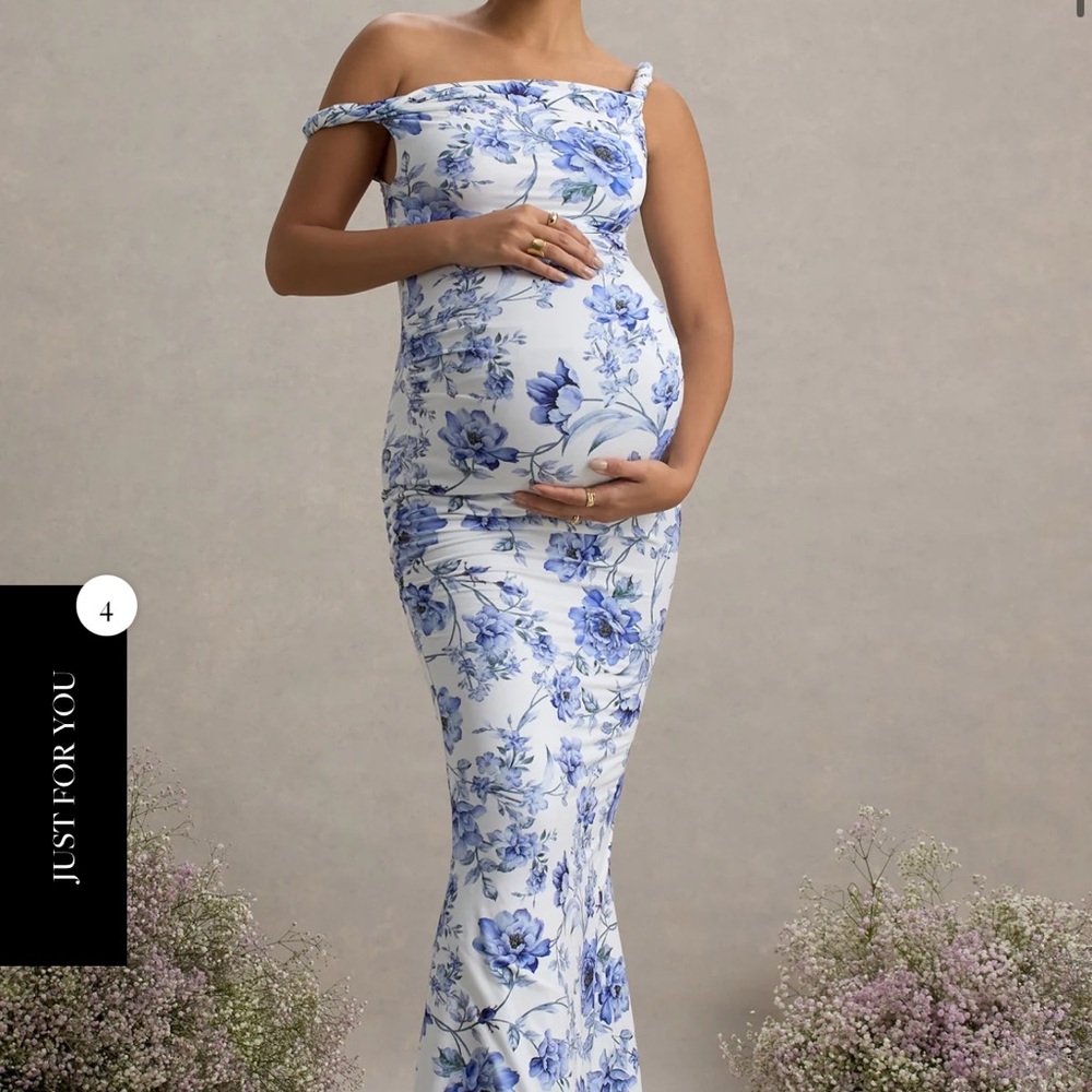 Lita blue floral print twisted asymmetric maternity maxi dress